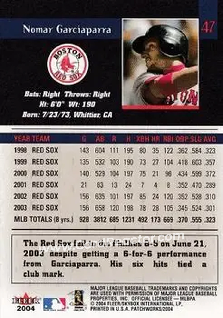 2004 Fleer Patchworks #47 - Nomar Garciaparra - Boston Red Sox - Back