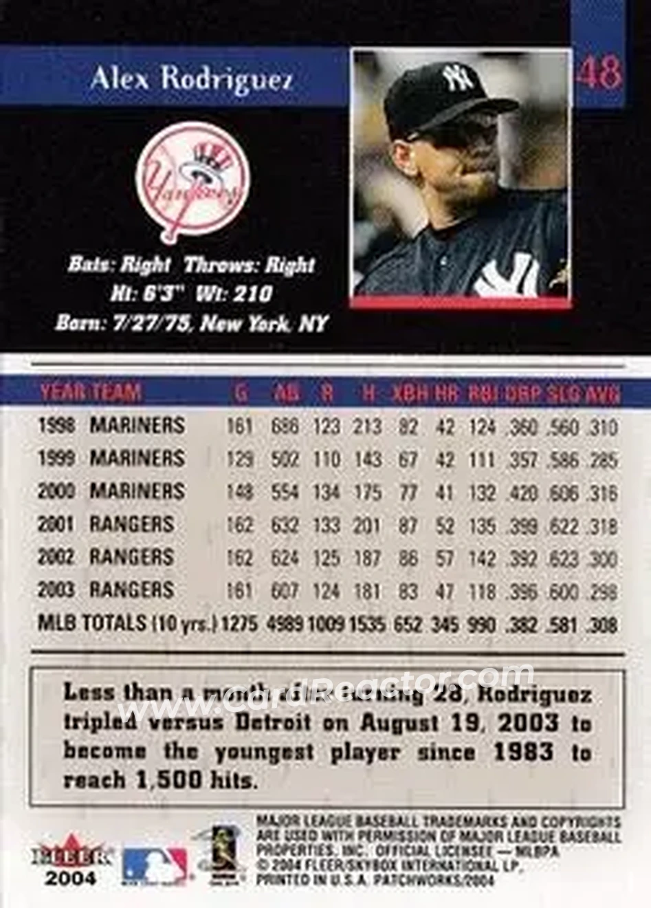2004 Fleer Patchworks #48 - Alex Rodriguez - New York Yankees - Back 2004 Fleer Patchworks #48 - Alex Rodriguez - New York Yankees - Back