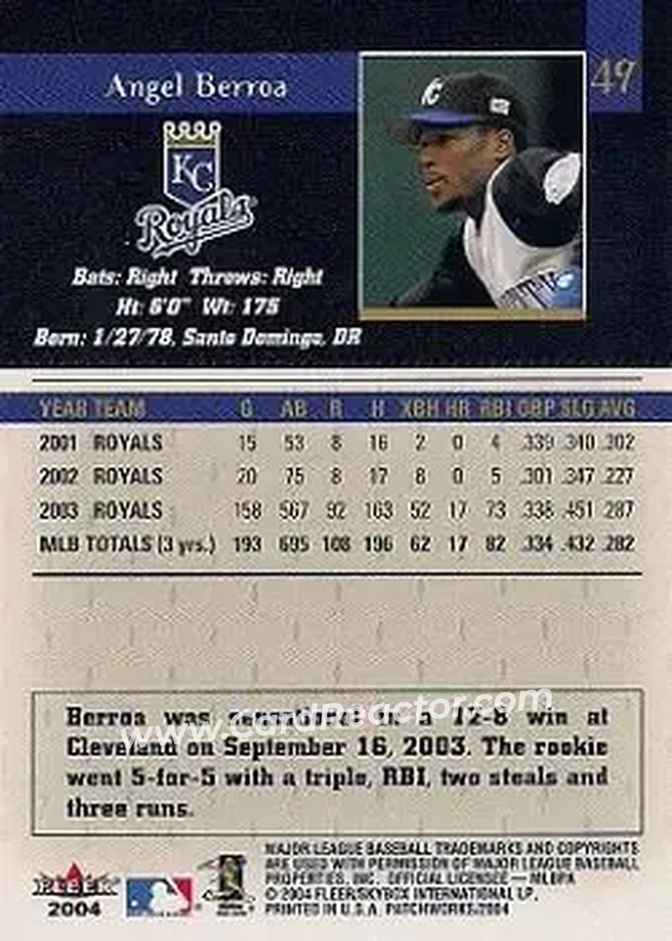 2004 Fleer Patchworks #49 - Angel Berroa - Kansas City Royals - Back 2004 Fleer Patchworks #49 - Angel Berroa - Kansas City Royals - Back