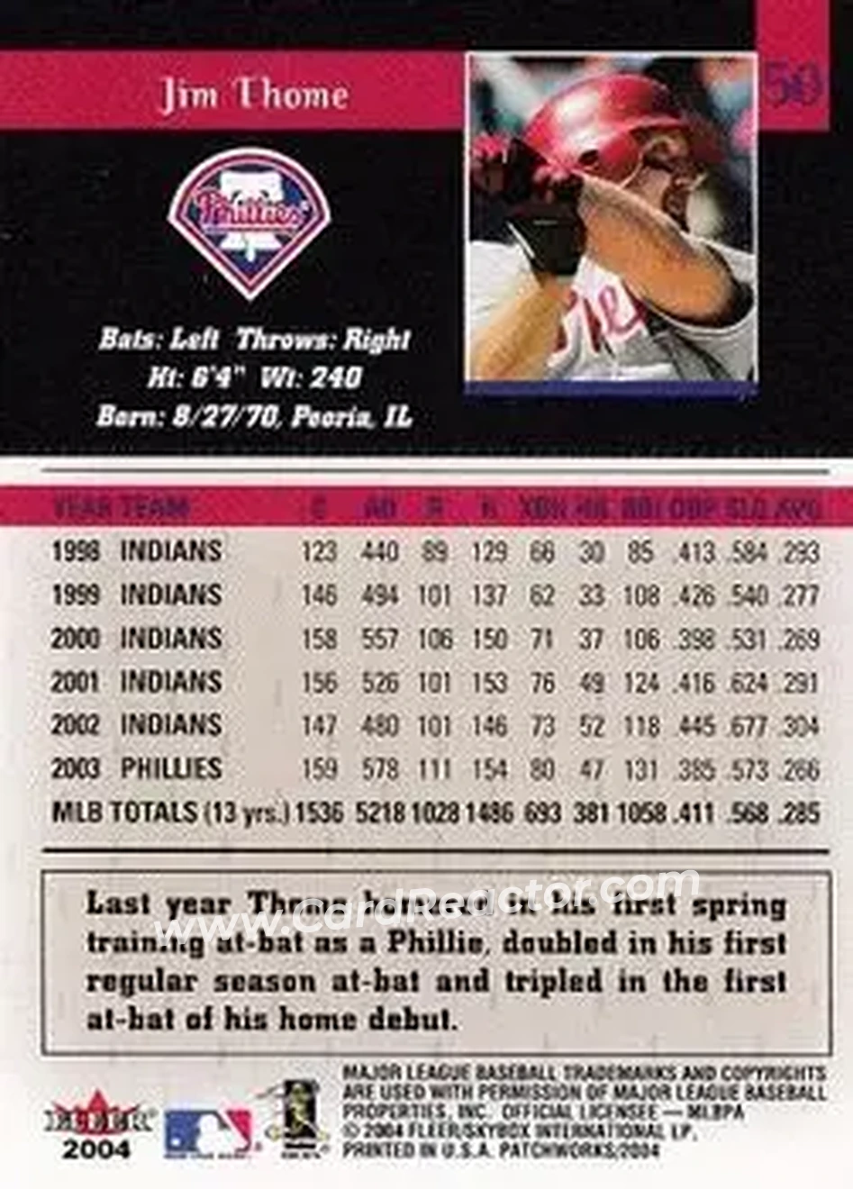 2004 Fleer Patchworks #50 - Jim Thome - Philadelphia Phillies - Back 2004 Fleer Patchworks #50 - Jim Thome - Philadelphia Phillies - Back