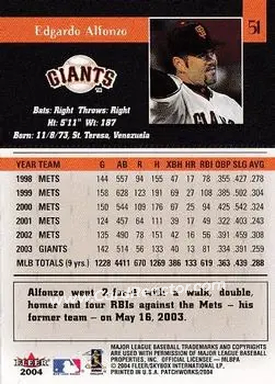 2004 Fleer Patchworks #51 - Edgardo Alfonzo - San Francisco Giants - Back