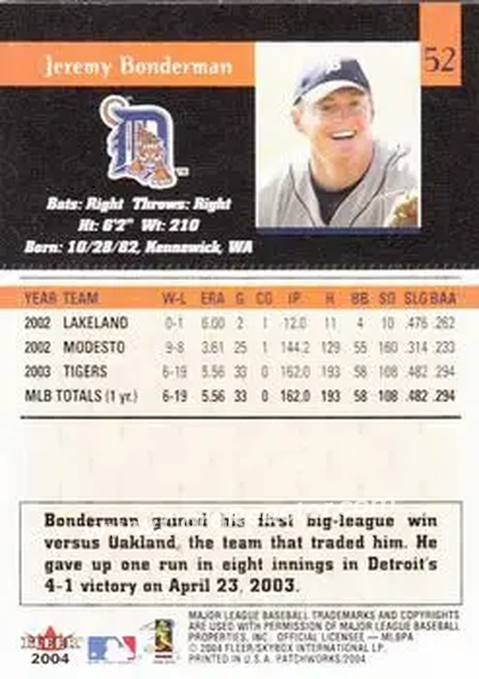 2004 Fleer Patchworks #52 - Jeremy Bonderman - Detroit Tigers - Back 2004 Fleer Patchworks #52 - Jeremy Bonderman - Detroit Tigers - Back