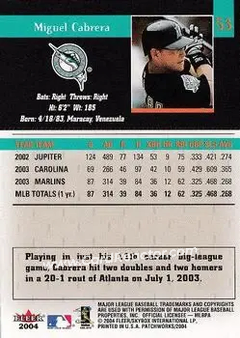 2004 Fleer Patchworks #53 - Miguel Cabrera - Florida Marlins - Back