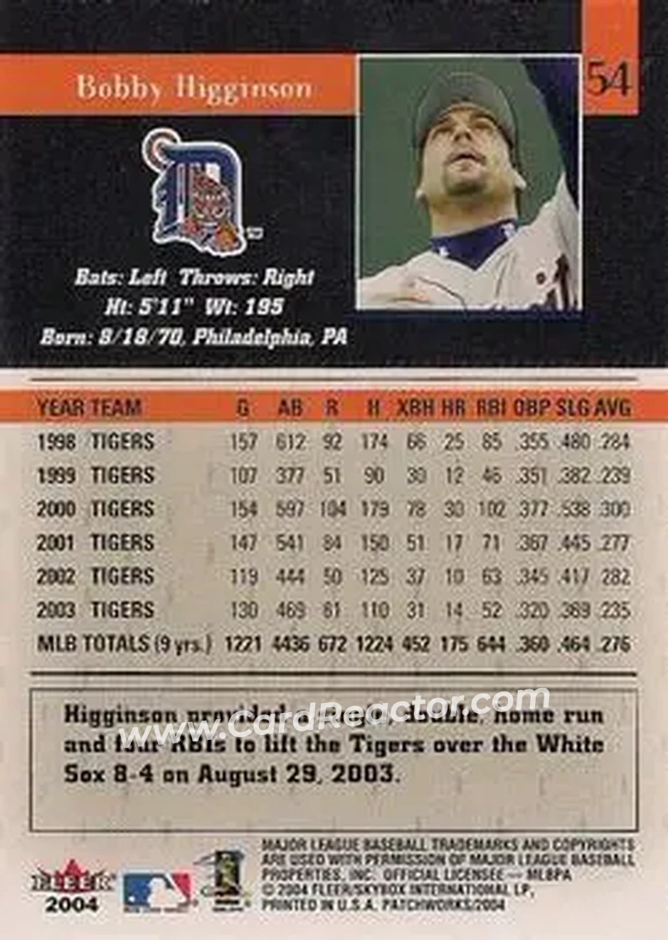 2004 Fleer Patchworks #54 - Bobby Higginson - Detroit Tigers - Back 2004 Fleer Patchworks #54 - Bobby Higginson - Detroit Tigers - Back