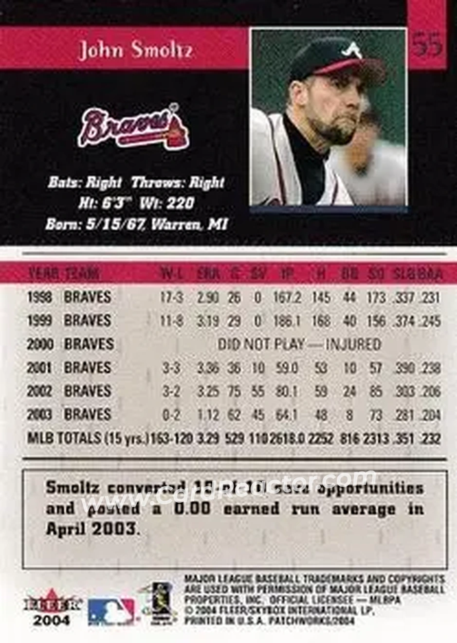 2004 Fleer Patchworks #55 - John Smoltz - Atlanta Braves - Back 2004 Fleer Patchworks #55 - John Smoltz - Atlanta Braves - Back