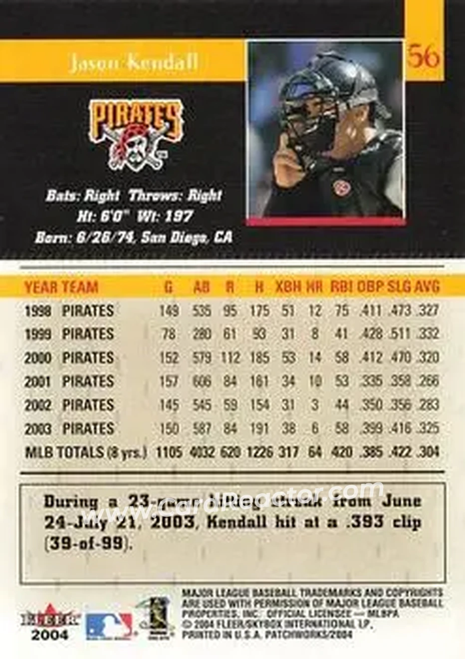 2004 Fleer Patchworks #56 - Jason Kendall - Pittsburgh Pirates - Back 2004 Fleer Patchworks #56 - Jason Kendall - Pittsburgh Pirates - Back