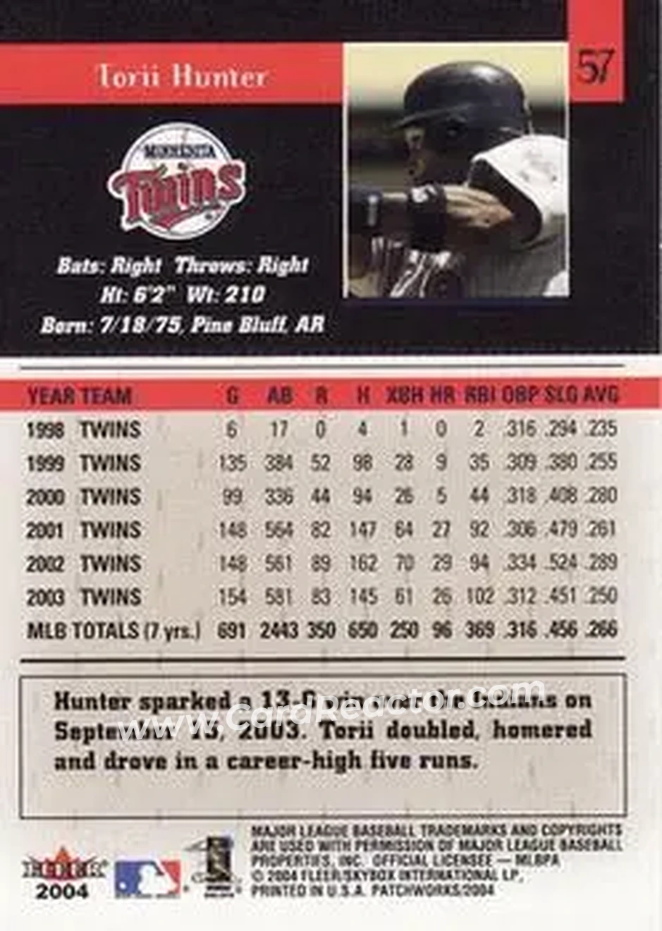 2004 Fleer Patchworks #57 - Torii Hunter - Minnesota Twins - Back 2004 Fleer Patchworks #57 - Torii Hunter - Minnesota Twins - Back