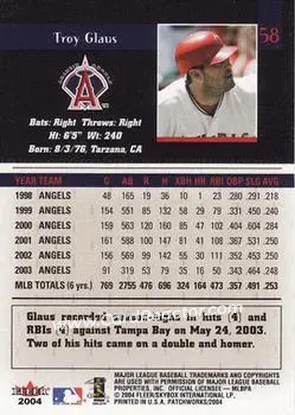 2004 Fleer Patchworks #58 - Troy Glaus - Anaheim Angels - Back 2004 Fleer Patchworks #58 - Troy Glaus - Anaheim Angels - Back