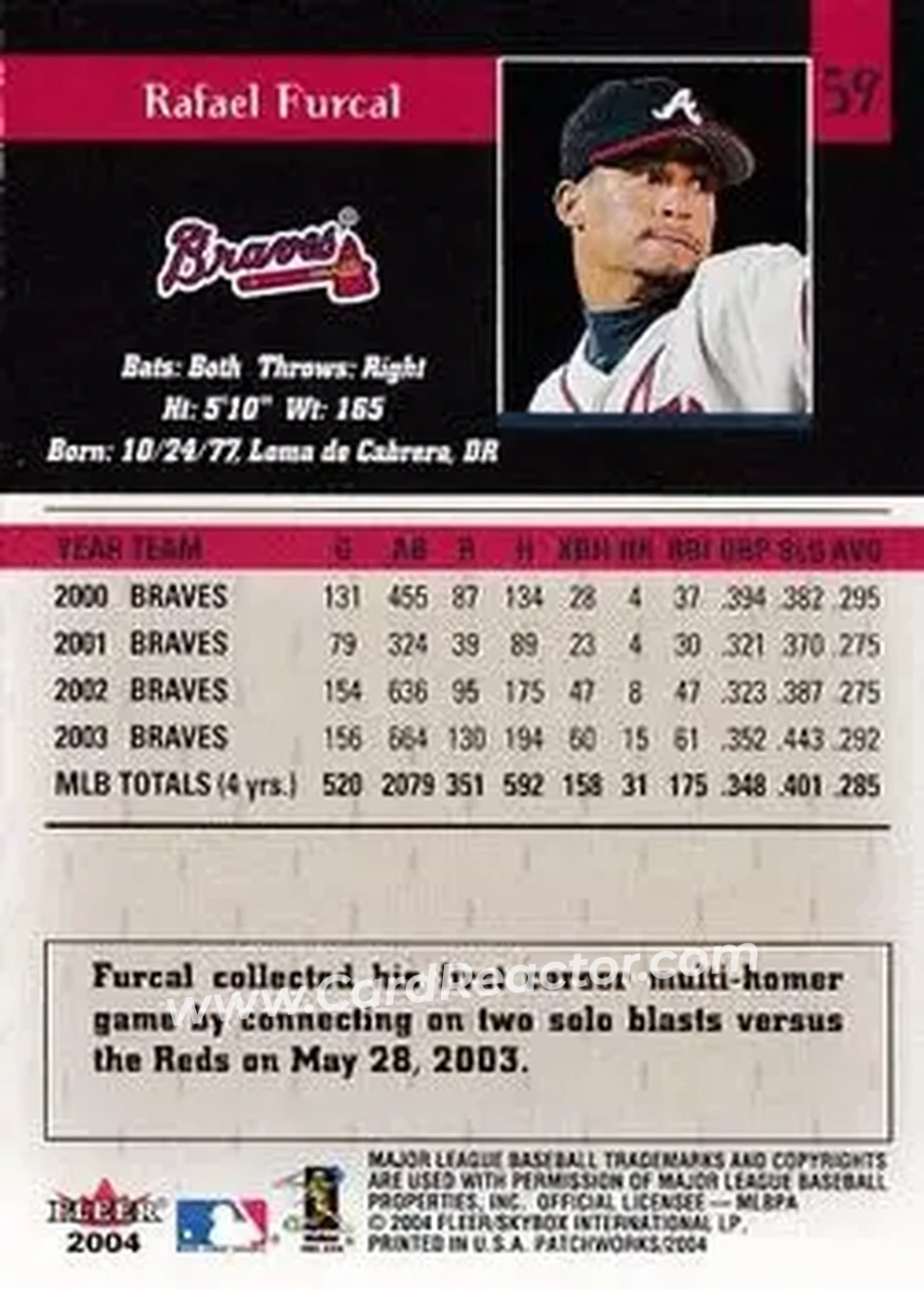 2004 Fleer Patchworks #59 - Rafael Furcal - Atlanta Braves - Back 2004 Fleer Patchworks #59 - Rafael Furcal - Atlanta Braves - Back
