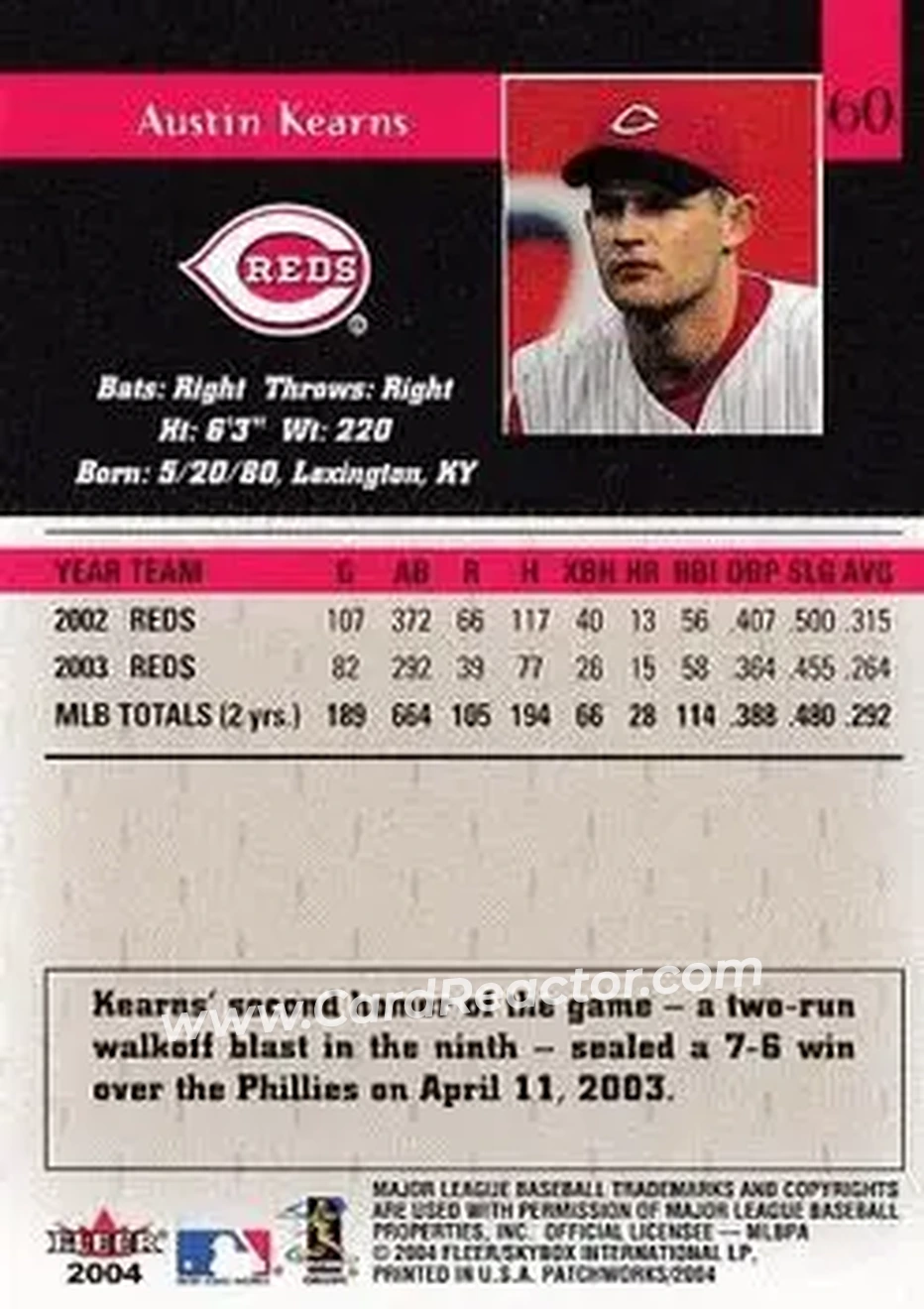 2004 Fleer Patchworks #60 - Austin Kearns - Cincinnati Reds - Back 2004 Fleer Patchworks #60 - Austin Kearns - Cincinnati Reds - Back
