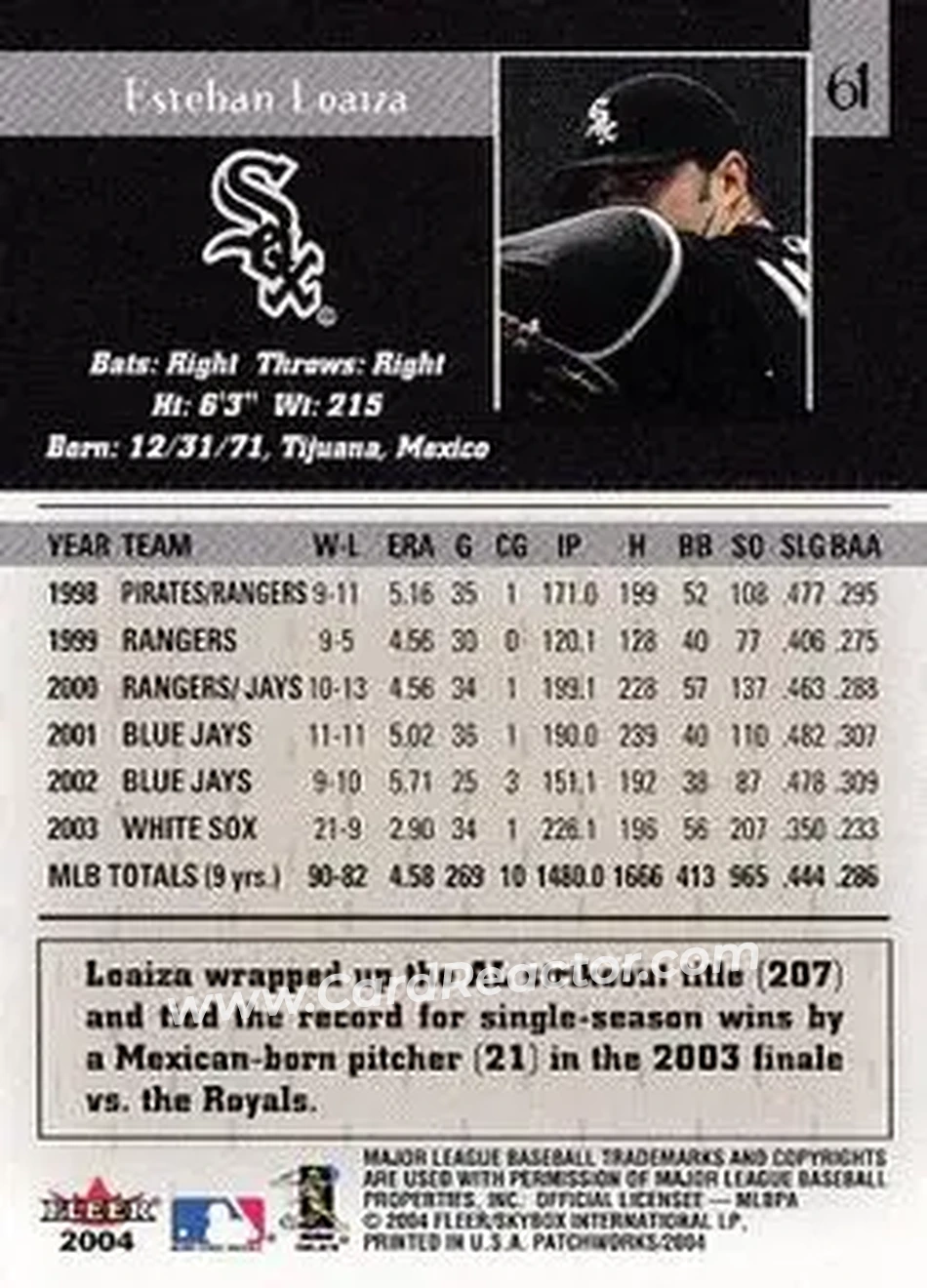 2004 Fleer Patchworks #61 - Esteban Loaiza - Chicago White Sox - Back
