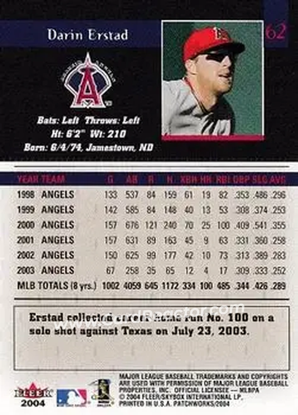 2004 Fleer Patchworks #62 - Darin Erstad - Anaheim Angels - Back