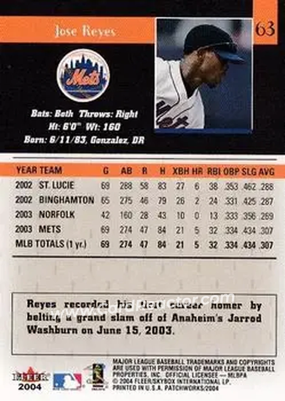 2004 Fleer Patchworks #63 - Jose Reyes - New York Mets - Back