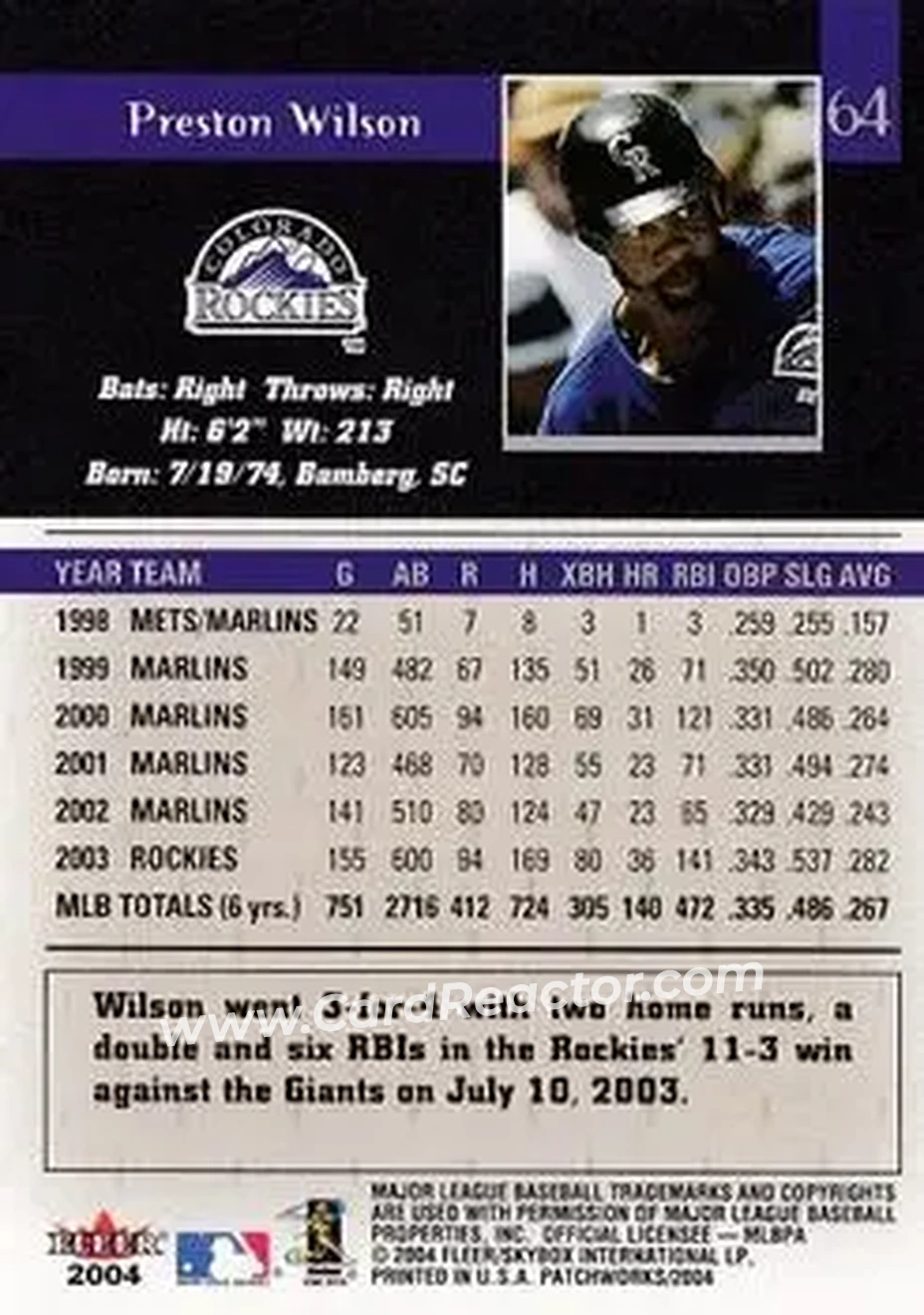2004 Fleer Patchworks #64 - Preston Wilson - Colorado Rockies - Back