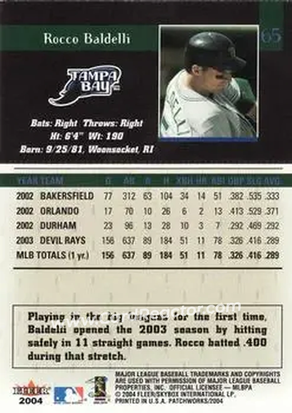 2004 Fleer Patchworks #65 - Rocco Baldelli - Tampa Bay Devil Rays - Back 2004 Fleer Patchworks #65 - Rocco Baldelli - Tampa Bay Devil Rays - Back