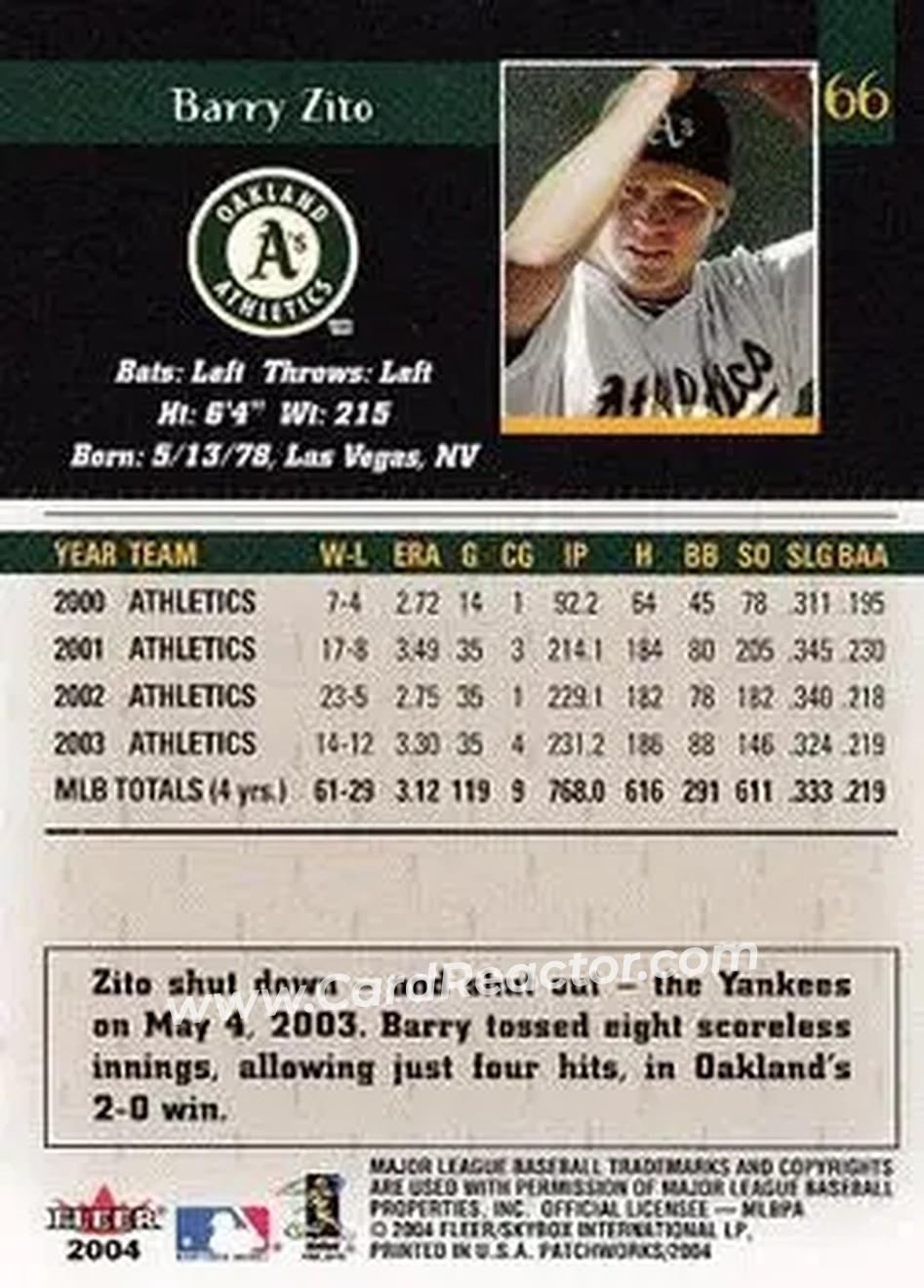 2004 Fleer Patchworks #66 - Barry Zito - Oakland Athletics - Back