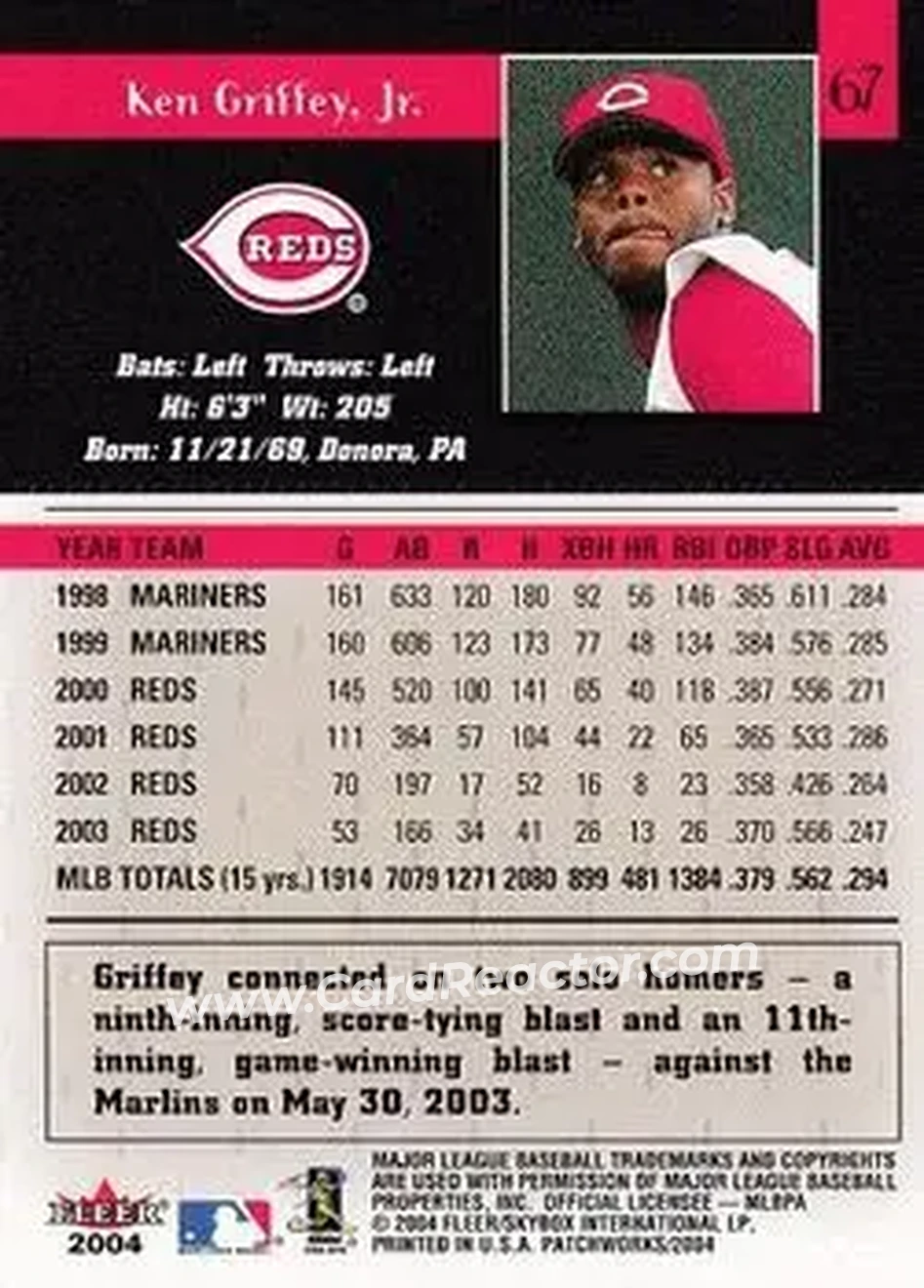 2004 Fleer Patchworks #67 - Ken Griffey Jr. - Cincinnati Reds - Back