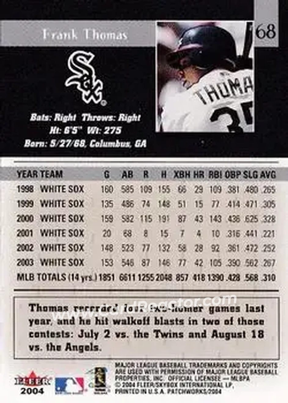 2004 Fleer Patchworks #68 - Frank Thomas - Chicago White Sox - Back