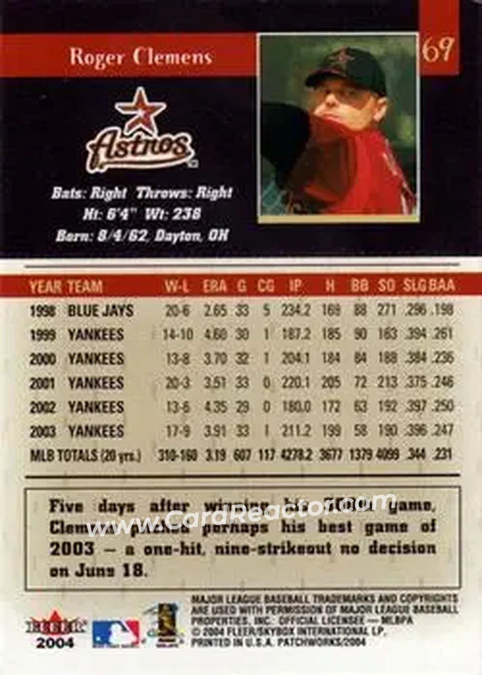 2004 Fleer Patchworks #69 - Roger Clemens - Houston Astros - Back 2004 Fleer Patchworks #69 - Roger Clemens - Houston Astros - Back