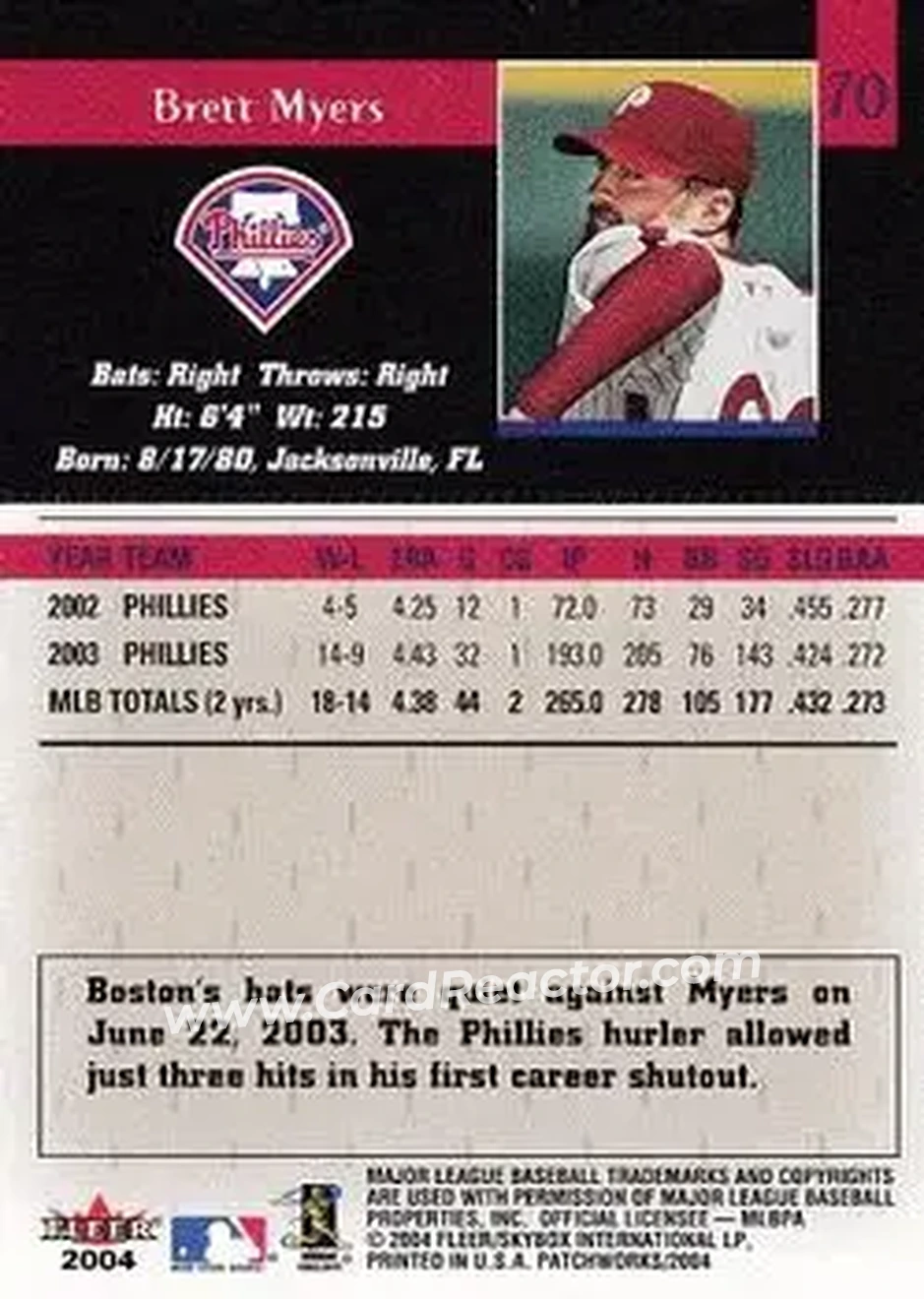 2004 Fleer Patchworks #70 - Brett Myers - Philadelphia Phillies - Back 2004 Fleer Patchworks #70 - Brett Myers - Philadelphia Phillies - Back
