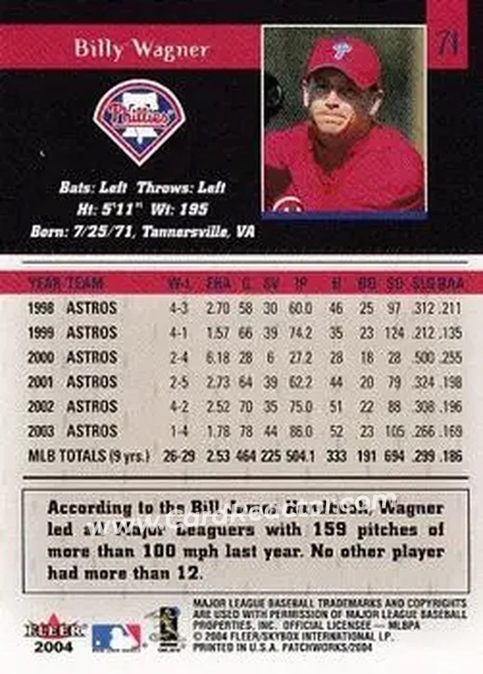 2004 Fleer Patchworks #71 - Billy Wagner - Philadelphia Phillies - Back