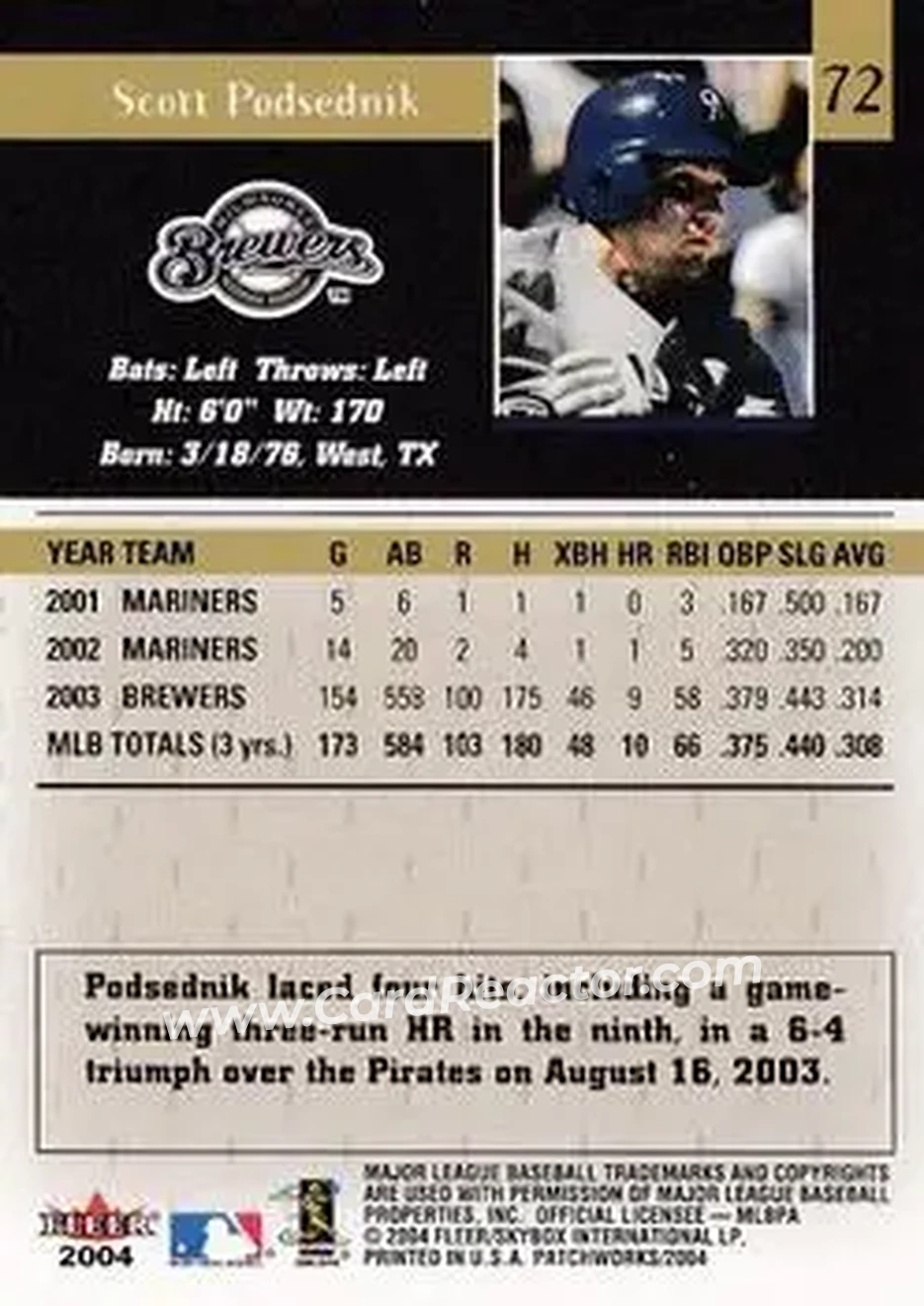 2004 Fleer Patchworks #72 - Scott Podsednik - Milwaukee Brewers - Back 2004 Fleer Patchworks #72 - Scott Podsednik - Milwaukee Brewers - Back