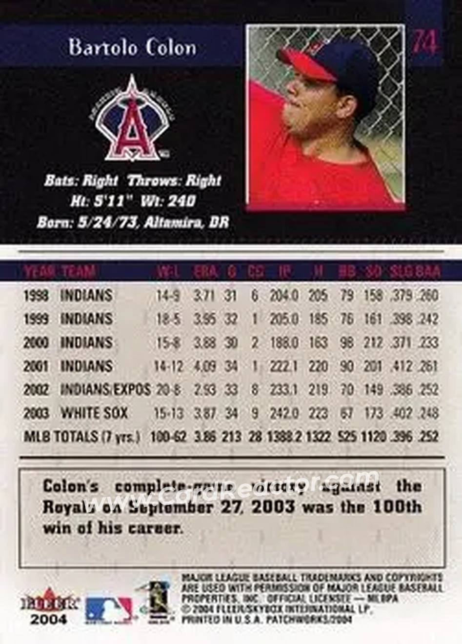 2004 Fleer Patchworks #74 - Bartolo Colon - Anaheim Angels - Back