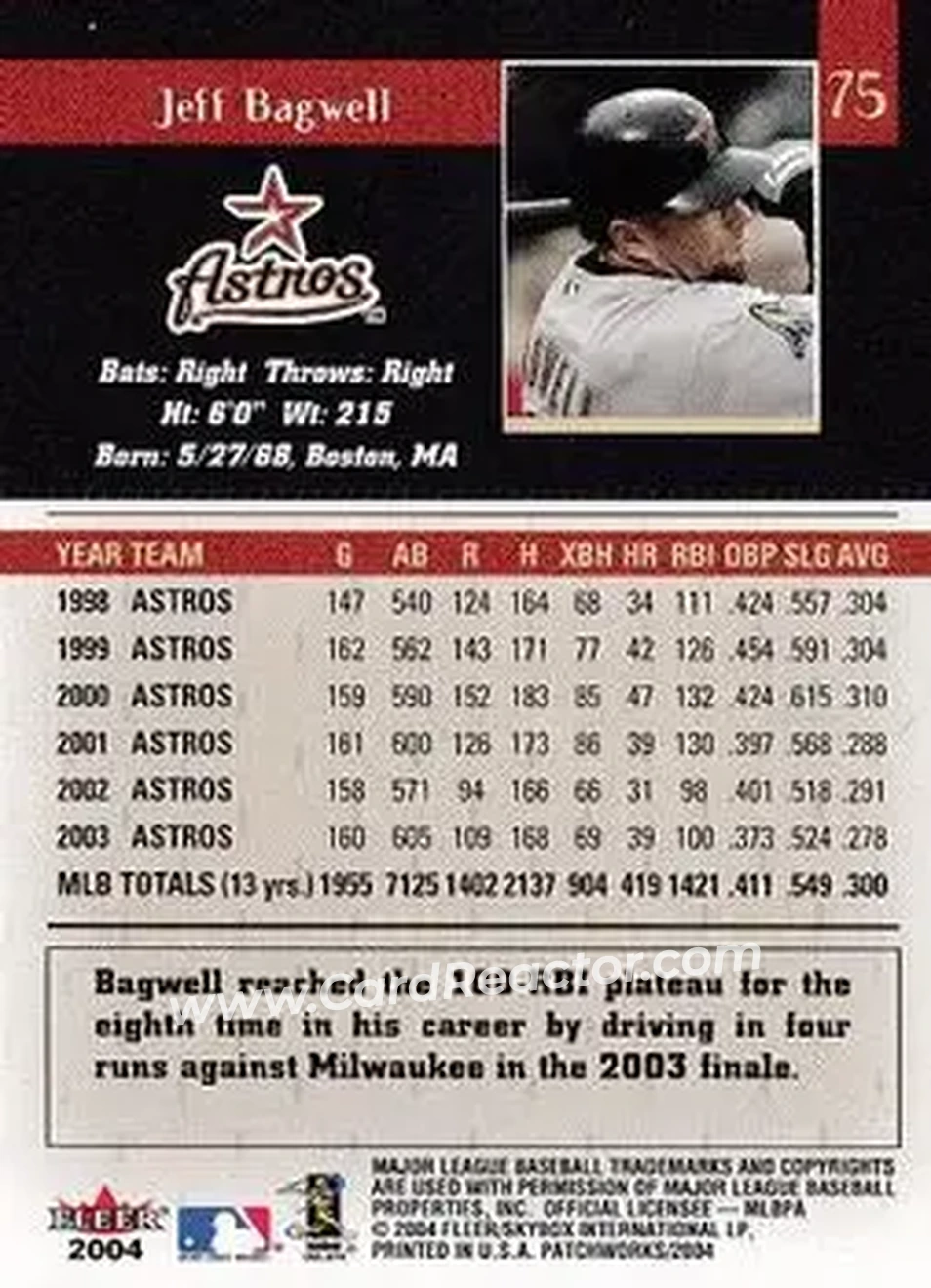 2004 Fleer Patchworks #75 - Jeff Bagwell - Houston Astros - Back 2004 Fleer Patchworks #75 - Jeff Bagwell - Houston Astros - Back