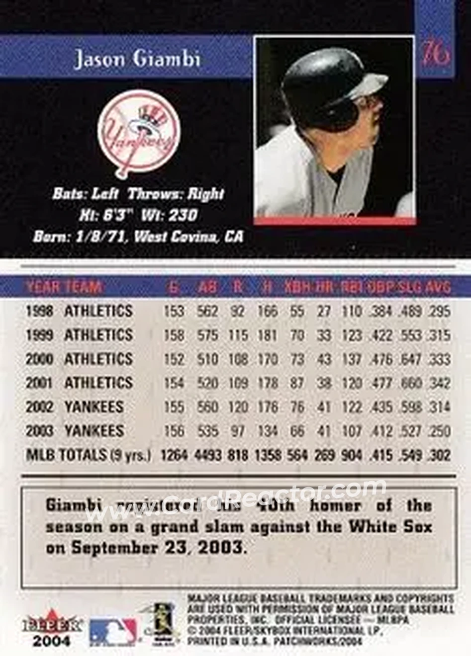 2004 Fleer Patchworks #76 - Jason Giambi - New York Yankees - Back