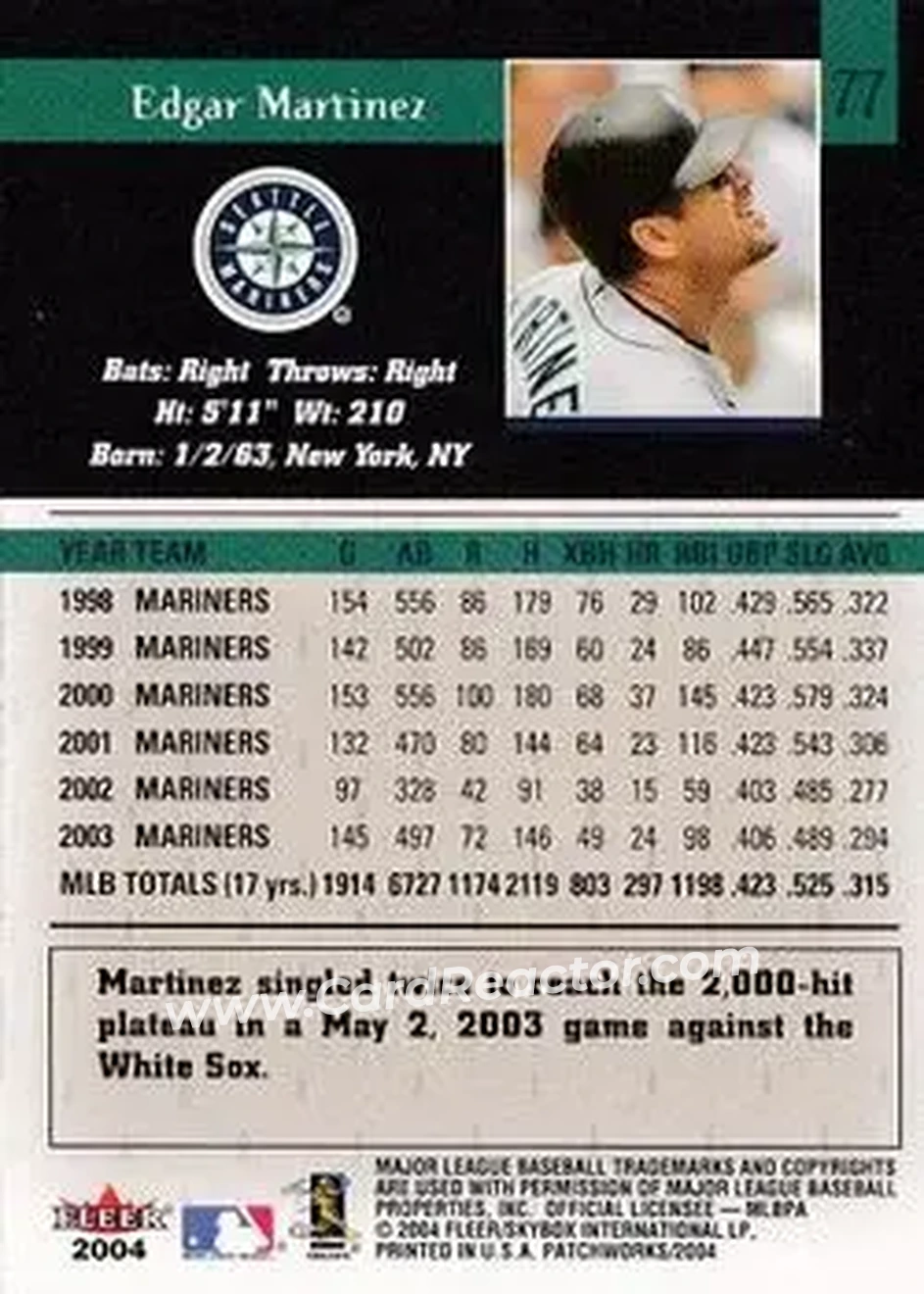 2004 Fleer Patchworks #77 - Edgar Martinez - Seattle Mariners - Back 2004 Fleer Patchworks #77 - Edgar Martinez - Seattle Mariners - Back