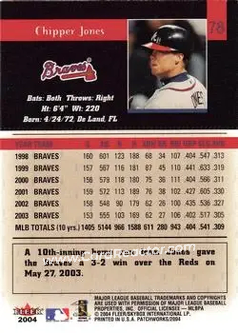 2004 Fleer Patchworks #78 - Chipper Jones - Atlanta Braves - Back 2004 Fleer Patchworks #78 - Chipper Jones - Atlanta Braves - Back
