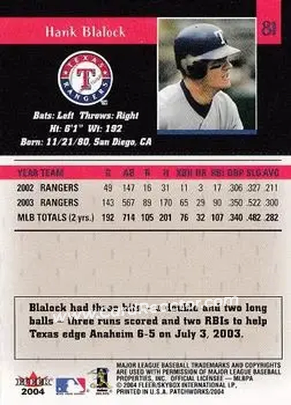 2004 Fleer Patchworks #81 - Hank Blalock - Texas Rangers - Back 2004 Fleer Patchworks #81 - Hank Blalock - Texas Rangers - Back