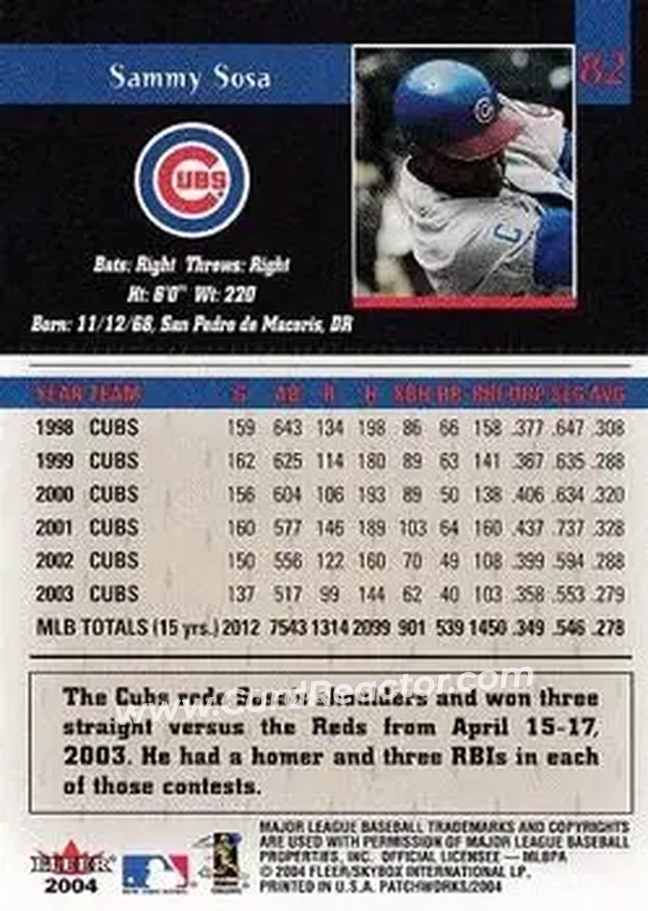 2004 Fleer Patchworks #82 - Sammy Sosa - Chicago Cubs - Back