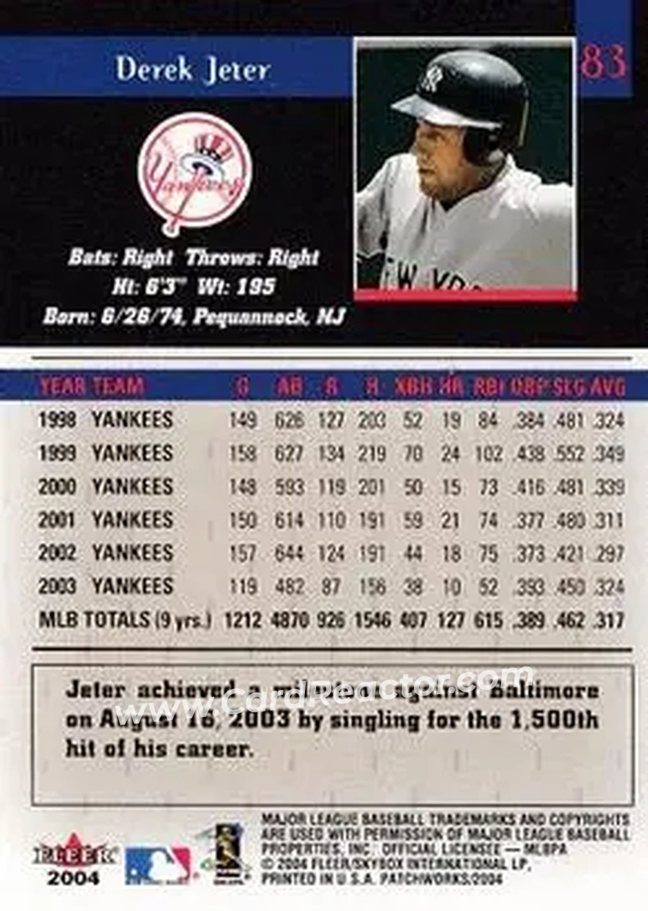 2004 Fleer Patchworks #83 - Derek Jeter - New York Yankees - Back 2004 Fleer Patchworks #83 - Derek Jeter - New York Yankees - Back