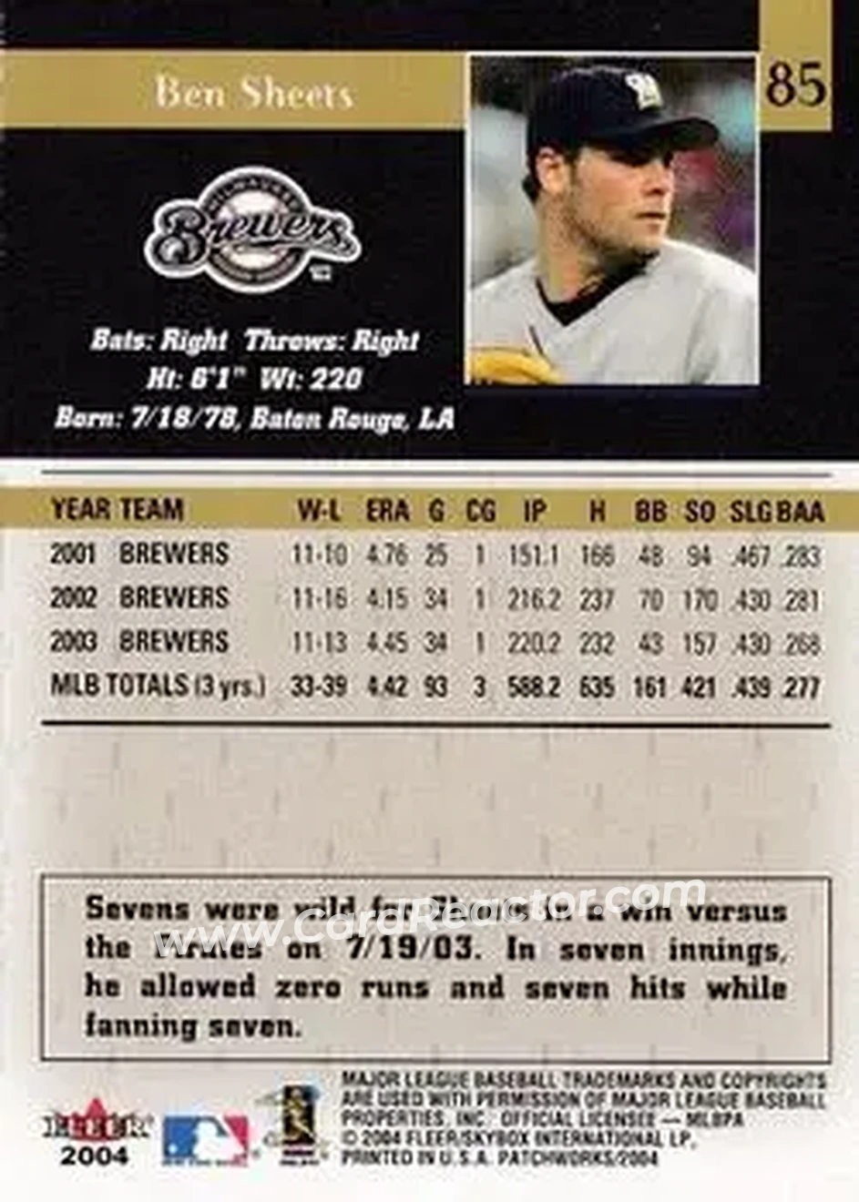 2004 Fleer Patchworks #85 - Ben Sheets - Milwaukee Brewers - Back 2004 Fleer Patchworks #85 - Ben Sheets - Milwaukee Brewers - Back