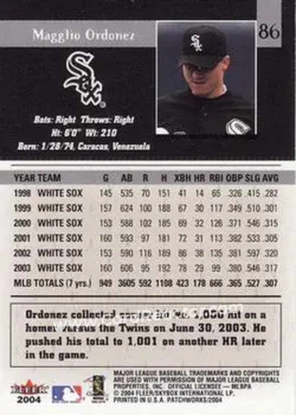 2004 Fleer Patchworks #86 - Magglio Ordonez - Chicago White Sox - Back