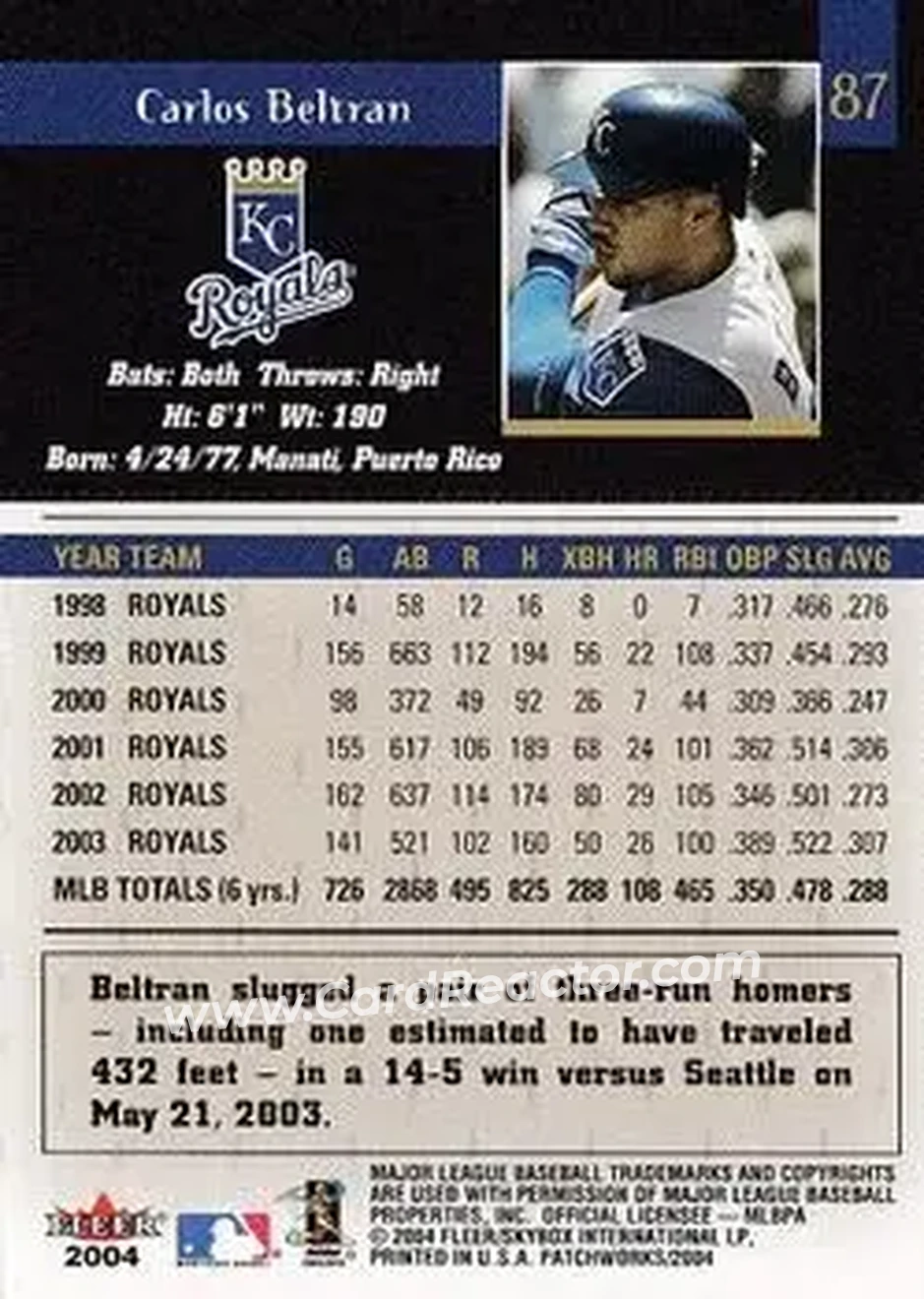 2004 Fleer Patchworks #87 - Carlos Beltran - Kansas City Royals - Back