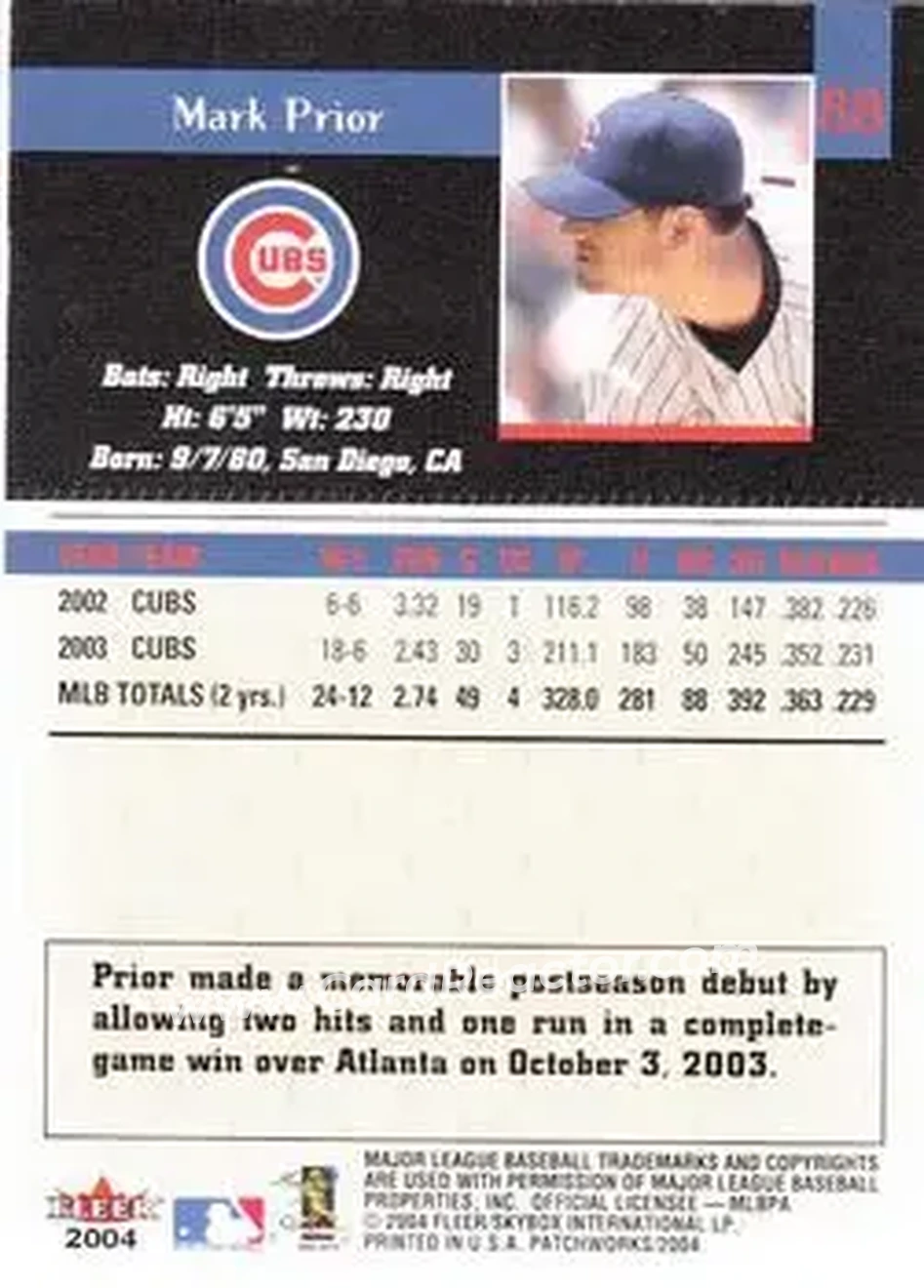 2004 Fleer Patchworks #88 - Mark Prior - Chicago Cubs - Back 2004 Fleer Patchworks #88 - Mark Prior - Chicago Cubs - Back