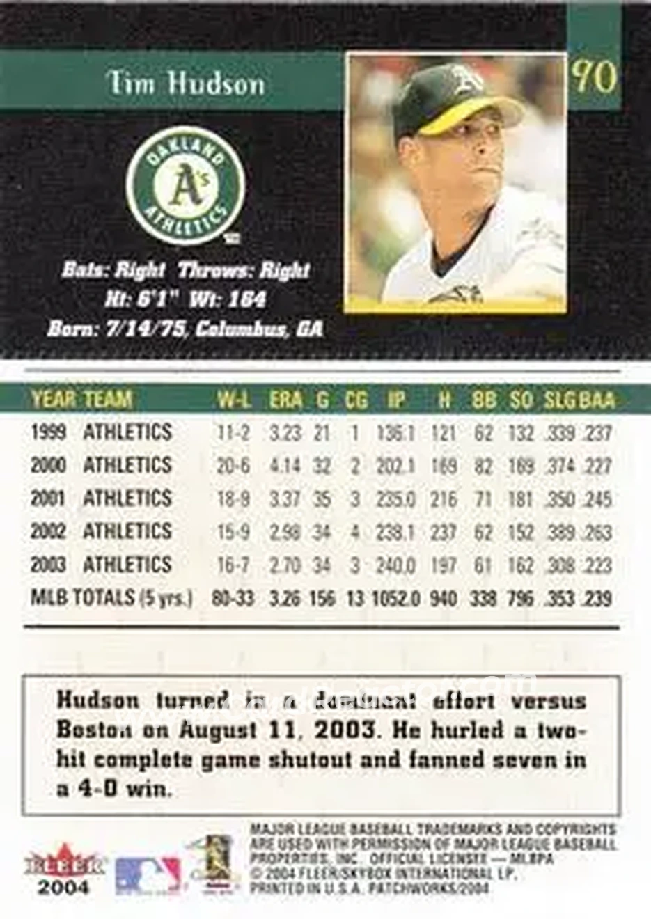 2004 Fleer Patchworks #90 - Tim Hudson - Oakland Athletics - Back