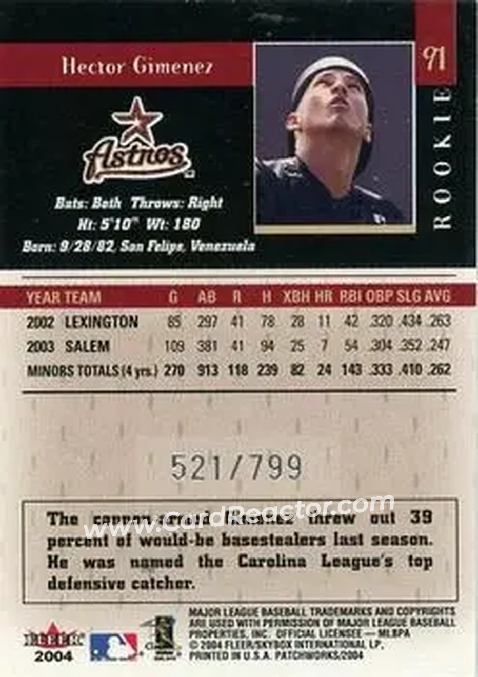 2004 Fleer Patchworks #91 - Hector Gimenez - Houston Astros - Back 2004 Fleer Patchworks #91 - Hector Gimenez - Houston Astros - Back