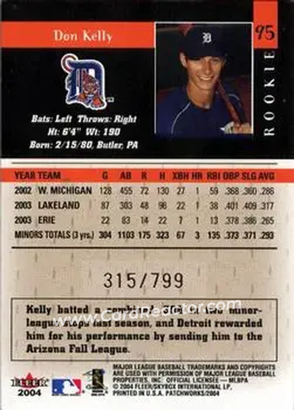 2004 Fleer Patchworks #95 - Don Kelly - Detroit Tigers - Back