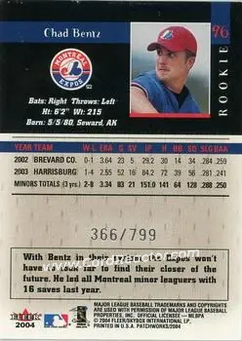 2004 Fleer Patchworks #96 - Chad Bentz - Montreal Expos - Back 2004 Fleer Patchworks #96 - Chad Bentz - Montreal Expos - Back