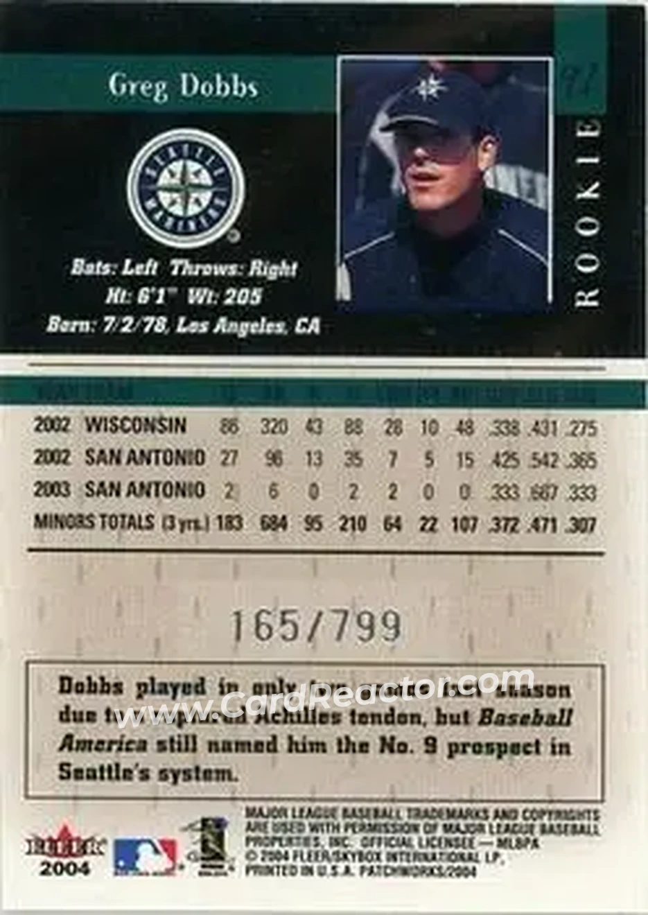 2004 Fleer Patchworks #97 - Greg Dobbs - Seattle Mariners - Back 2004 Fleer Patchworks #97 - Greg Dobbs - Seattle Mariners - Back