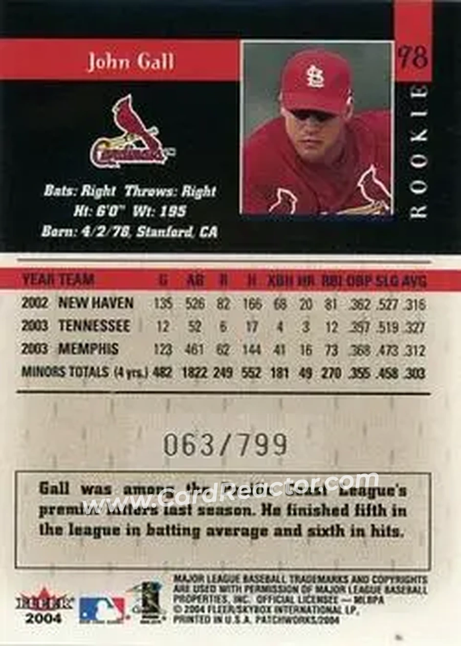 2004 Fleer Patchworks #98 - John Gall - St. Louis Cardinals - Back
