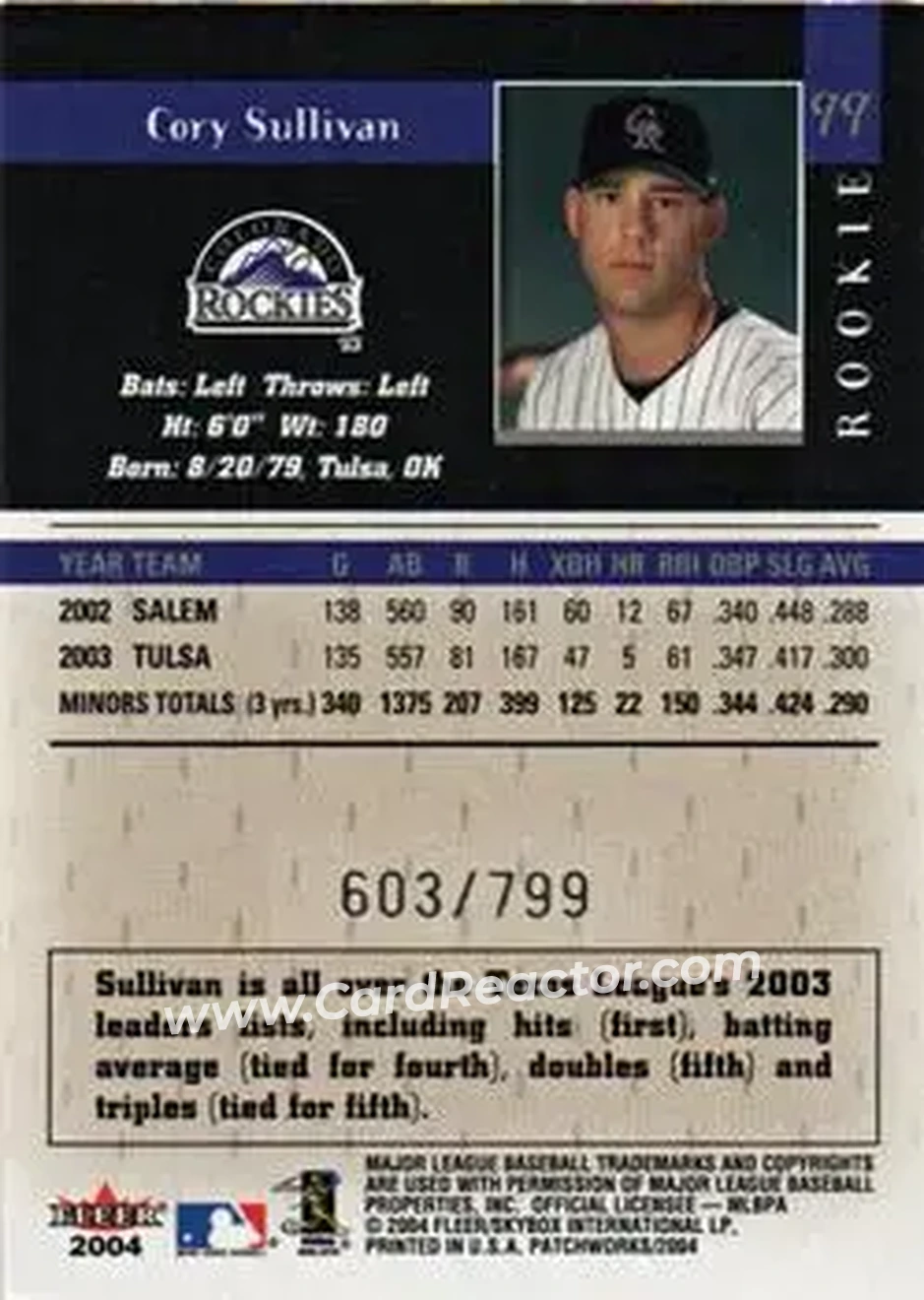 2004 Fleer Patchworks #99 - Cory Sullivan - Colorado Rockies - Back 2004 Fleer Patchworks #99 - Cory Sullivan - Colorado Rockies - Back