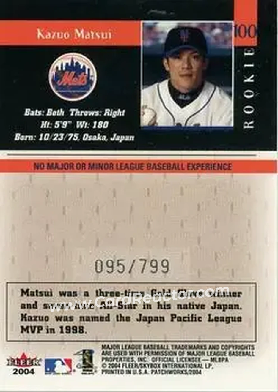 2004 Fleer Patchworks #100 - Kazuo Matsui - New York Mets - Back