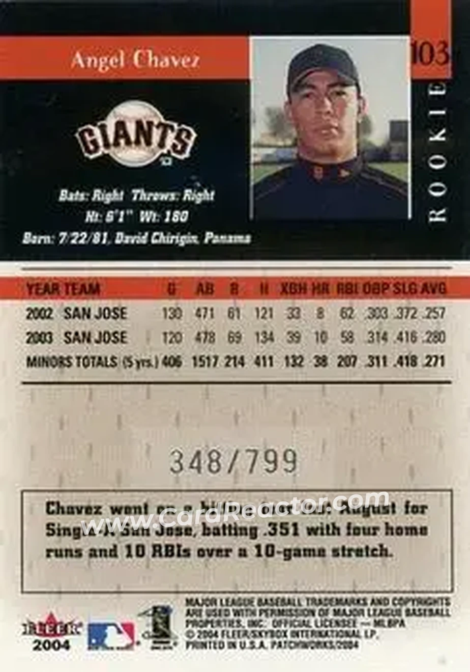 2004 Fleer Patchworks #103 - Angel Chavez - San Francisco Giants - Back 2004 Fleer Patchworks #103 - Angel Chavez - San Francisco Giants - Back