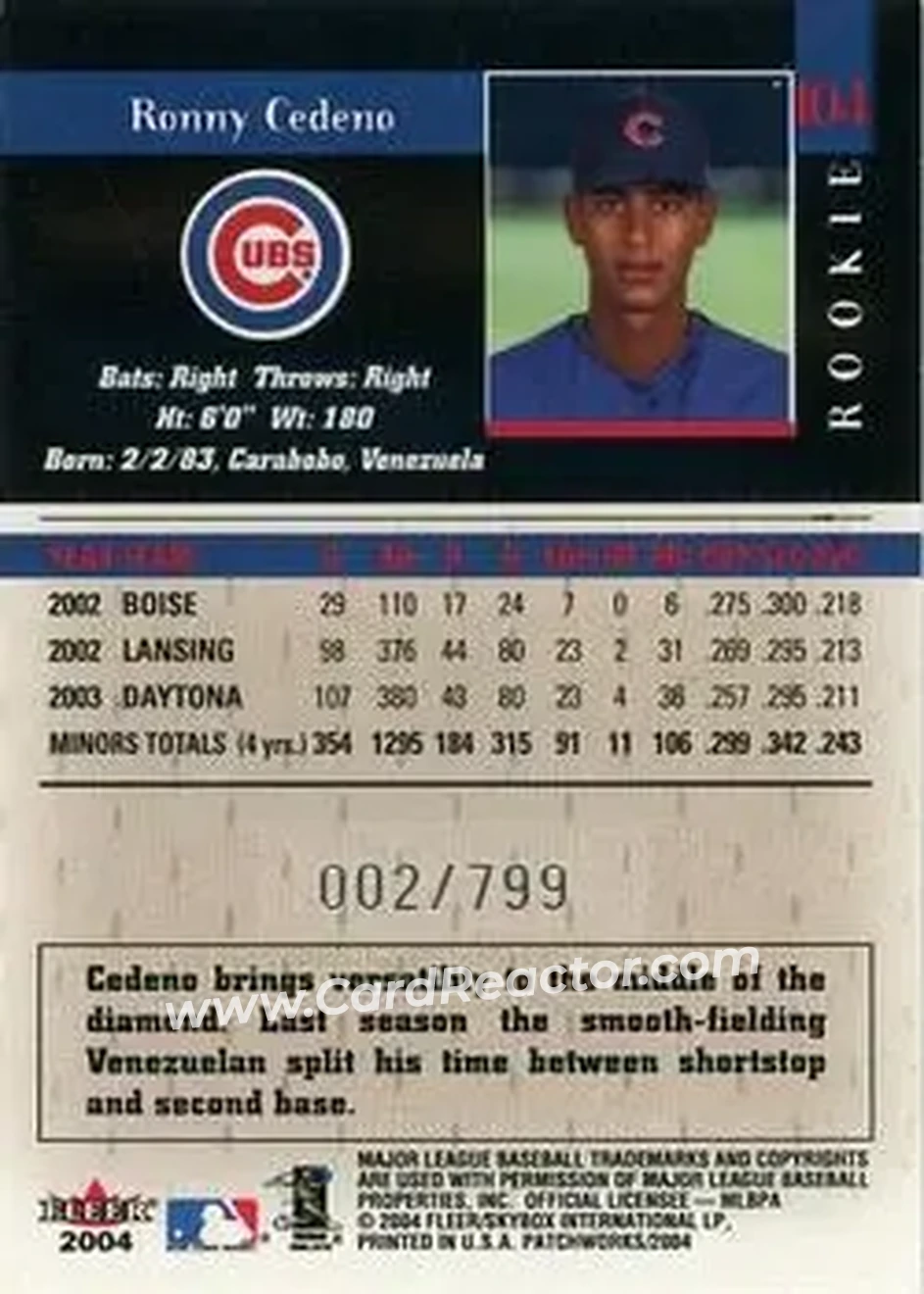 2004 Fleer Patchworks #104 - Ronny Cedeno - Chicago Cubs - Back 2004 Fleer Patchworks #104 - Ronny Cedeno - Chicago Cubs - Back