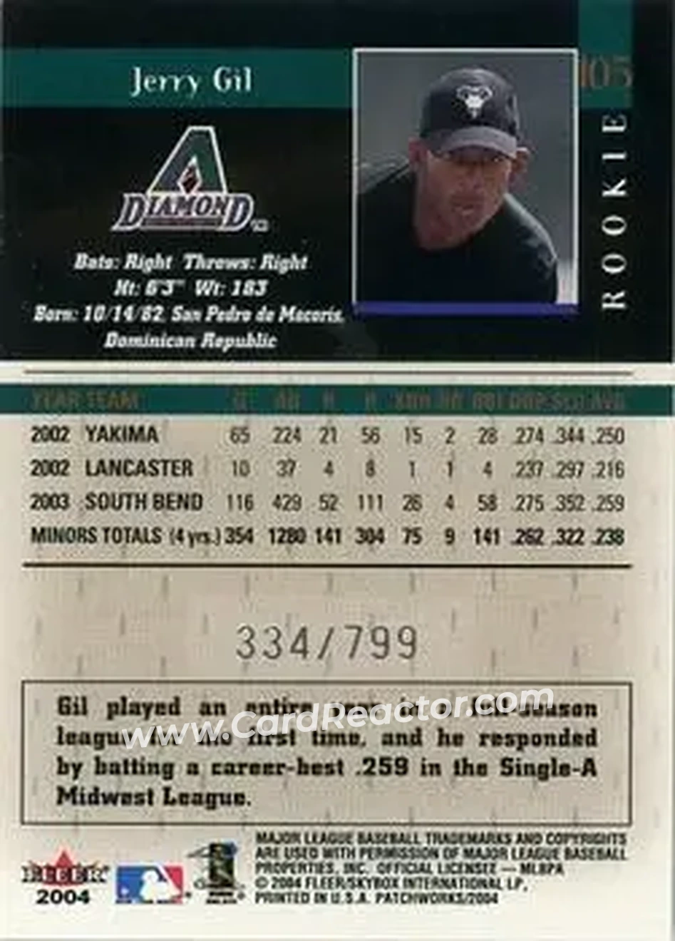2004 Fleer Patchworks #105 - Jerry Gil - Arizona Diamondbacks - Back