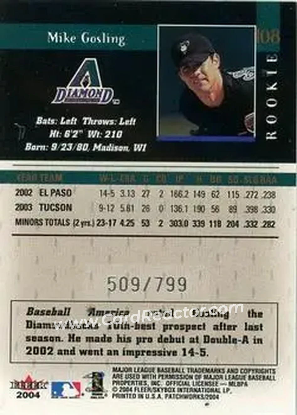 2004 Fleer Patchworks #108 - Mike Gosling - Arizona Diamondbacks - Back 2004 Fleer Patchworks #108 - Mike Gosling - Arizona Diamondbacks - Back